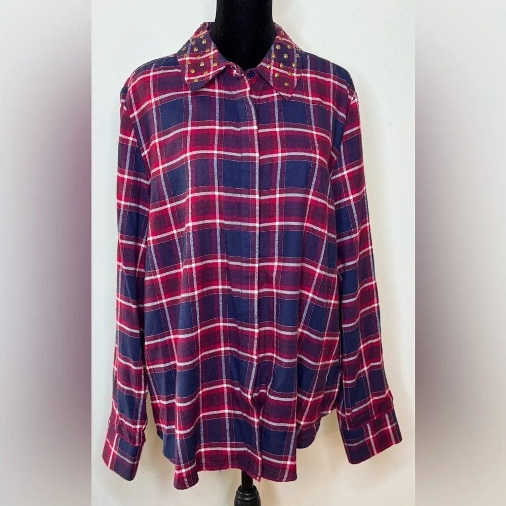 Michael Kors Red & Blue soft plaid flannel shirt studded western collar XL EUC